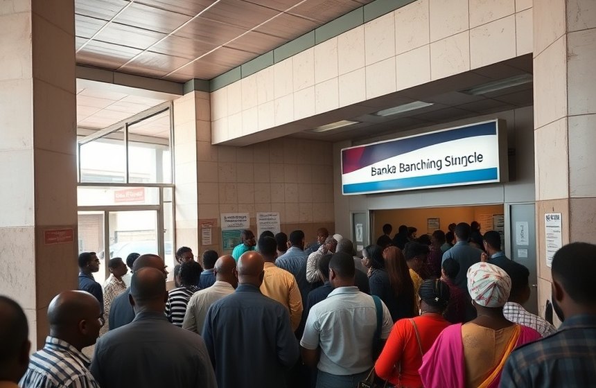 Before — A single line for every transaction type, with the wait piling up at the entrance.